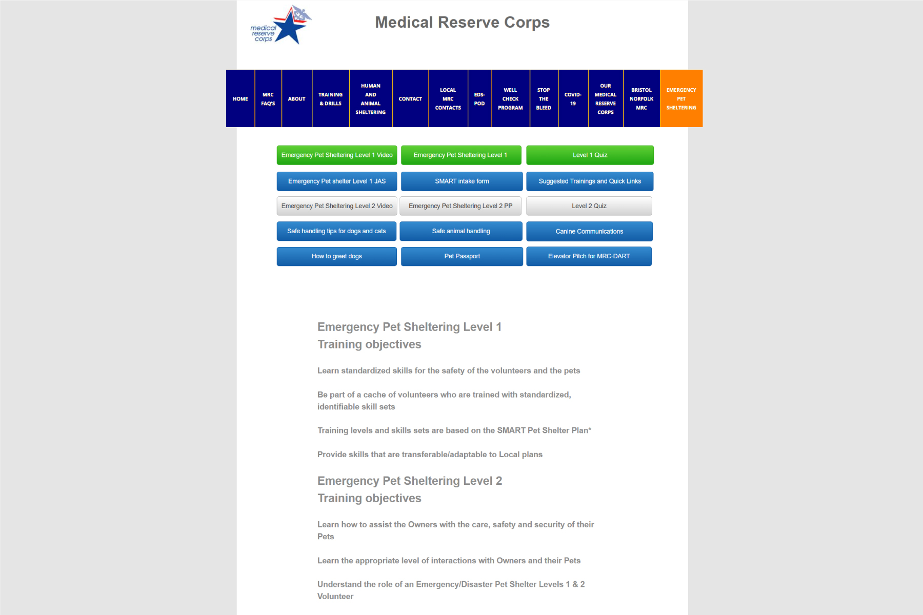 Emergency Pet Sheltering Levels 1 and 2